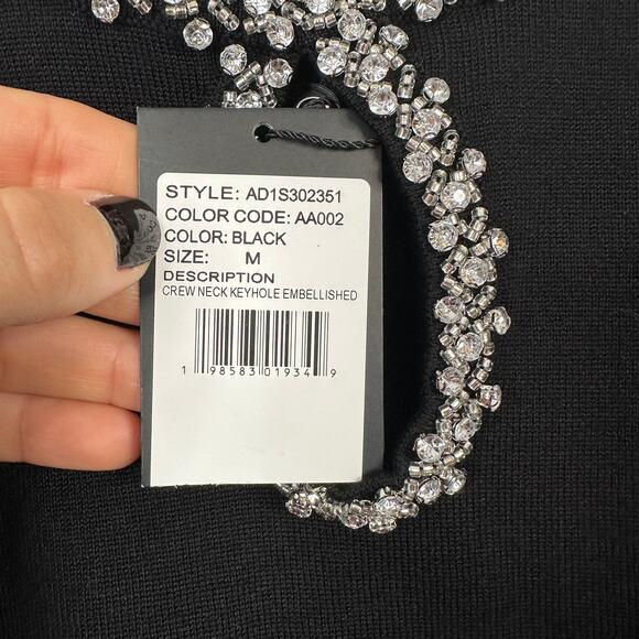 Adrianna Papell Black Crew Neck Keyhole Rhinestone Blouse - Picture 9 of 11